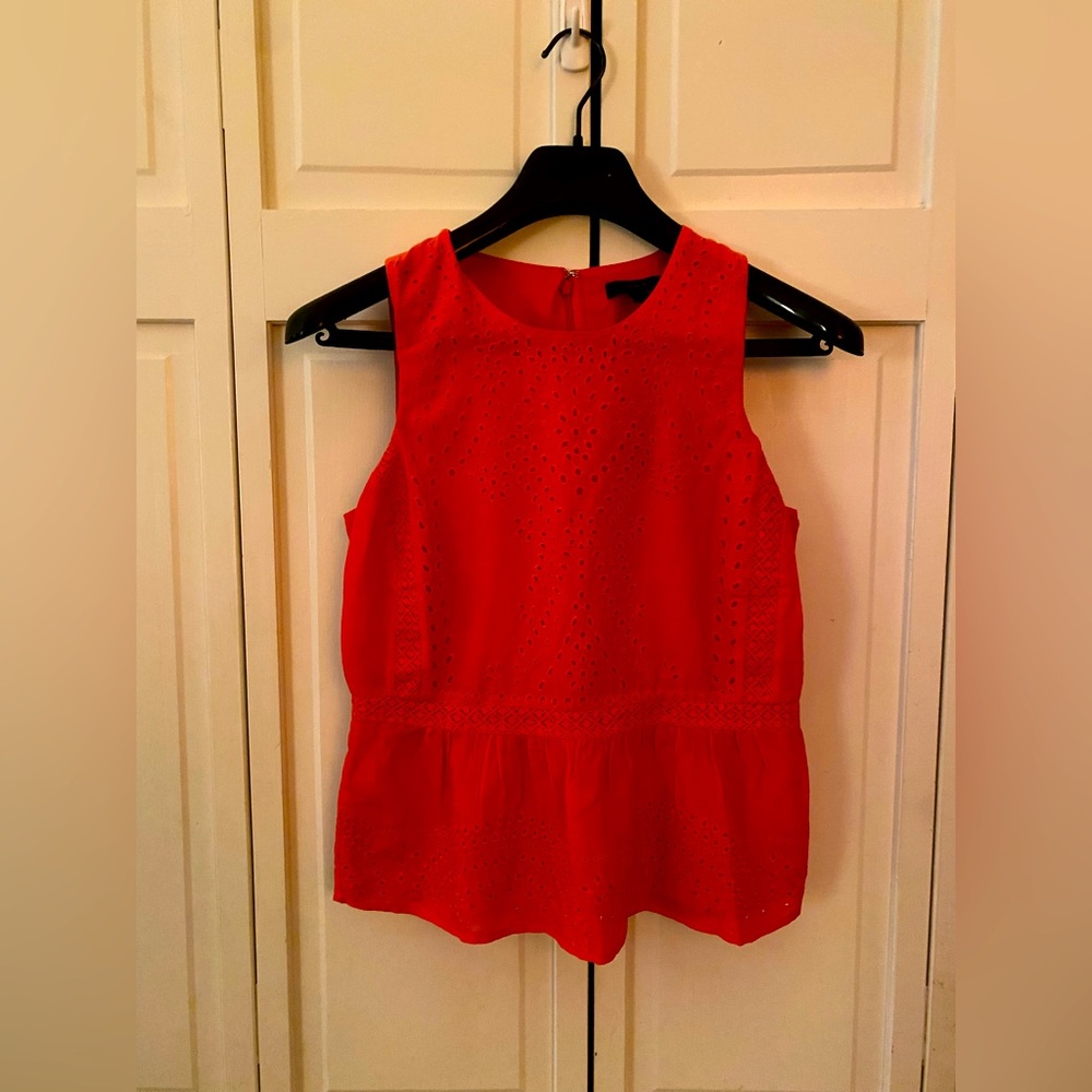 NWT J. Crew Orange Eyelet Peplum Top, Size 2, Cotton Silk Blend.